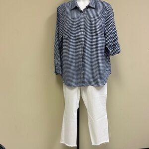 NYDJ White Cropped Jeans with Talbots Blue and White Checkered Blouse